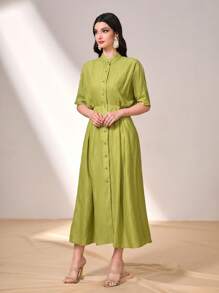 Modelyn Solid Button Front Shirt Dress - Olive Green - View 5