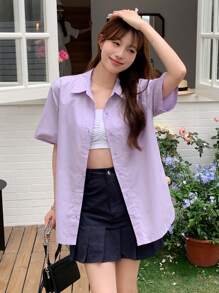 DAZY Geo Print Button Front Shirt - Lilac Purple - View 2
