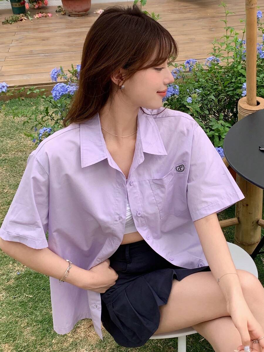 DAZY Geo Print Button Front Shirt - Lilac Purple - View 1