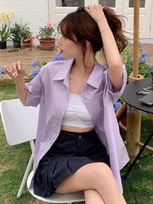 DAZY Geo Print Button Front Shirt - Lilac Purple - View 3