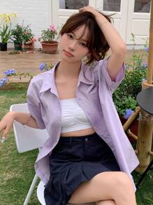 DAZY Geo Print Button Front Shirt - Lilac Purple - View 4