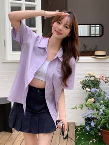 DAZY Geo Print Button Front Shirt - Lilac Purple - View 5