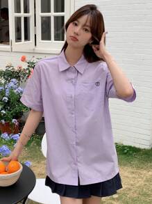 DAZY Geo Print Button Front Shirt - Lilac Purple - View 8