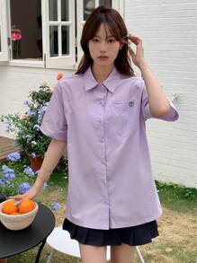 DAZY Geo Print Button Front Shirt - Lilac Purple - View 10