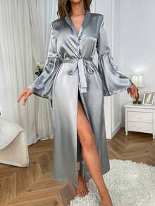 Áo choàng Nữ Thắt lưng màu trơn Thanh lịch - Xám - Xem 3