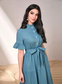 Mulvari 荷葉袖荷葉邊繫腰帶連衣裙 - 霧霾藍 - 查看 5