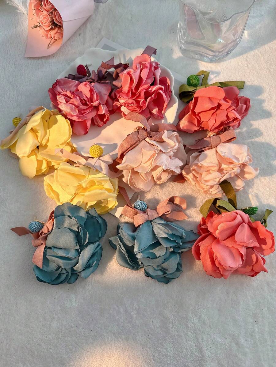 2入組花朵裝飾耳夾 - 玫紅色 - 查看 1