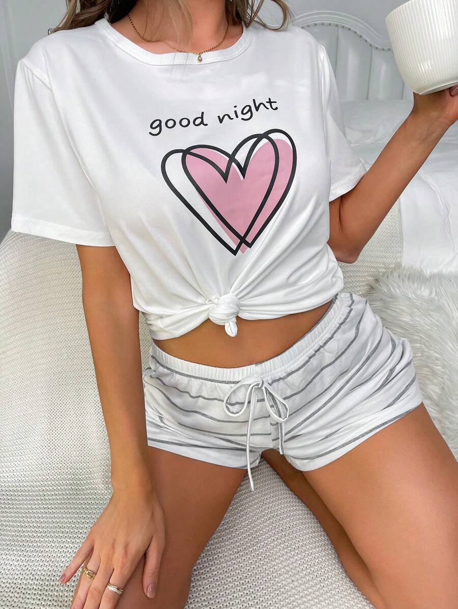 Heart & Slogan Graphic Sleep Top - White - View 1