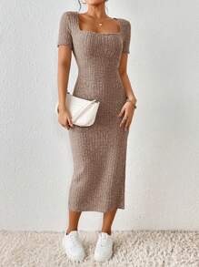 SHEIN Frenchy Đầm suông cổ vuông tay ngắn tối giản màu trơn dành cho nữ, mặc thường ngày - Màu Khaki - Xem 3