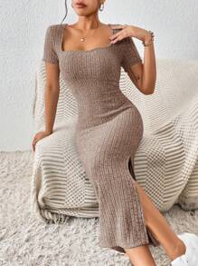 SHEIN Frenchy Đầm suông cổ vuông tay ngắn tối giản màu trơn dành cho nữ, mặc thường ngày - Màu Khaki - Xem 5