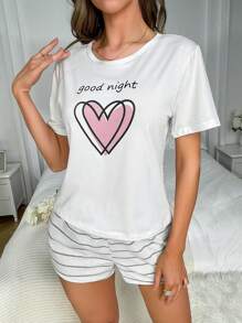Heart & Slogan Graphic Sleep Top - White - View 4