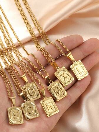 1pc Fashionable Stainless Steel Gold-Plated Double Sided 26 English Letters Pendant Necklace, Fit For Men' Daily Wear