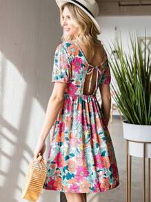 Floral Print V Neck Smock Dress - Multicolor - View 3
