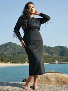 seomiscky Plus Contrast Sequin Fringe Trim Split Back Dress - Black - View 1