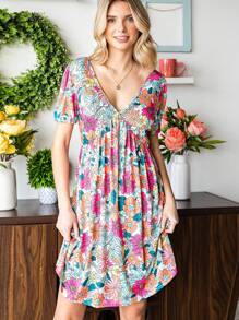 Floral Print V Neck Smock Dress - Multicolor - View 4