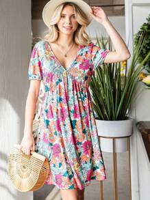 Floral Print V Neck Smock Dress - Multicolor - View 5