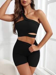 SHEIN Sports 單肩鏤空運動套裝鍛鍊套裝 - 黑色 - 查看 2