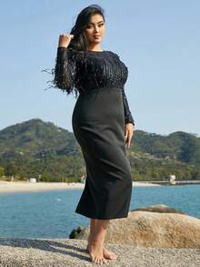 seomiscky Plus Contrast Sequin Fringe Trim Split Back Dress - Black - View 5