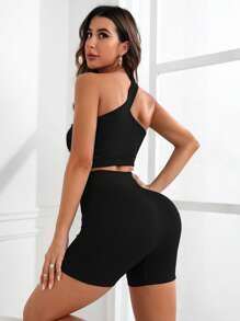 SHEIN Sports 單肩鏤空運動套裝鍛鍊套裝 - 黑色 - 查看 4