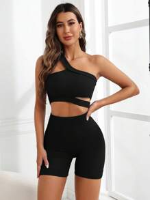 SHEIN Sports 單肩鏤空運動套裝鍛鍊套裝 - 黑色 - 查看 5