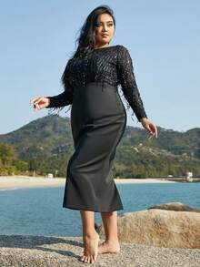 seomiscky Plus Contrast Sequin Fringe Trim Split Back Dress - Black - View 6