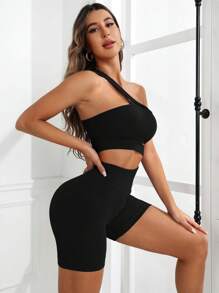 SHEIN Sports 單肩鏤空運動套裝鍛鍊套裝 - 黑色 - 查看 6