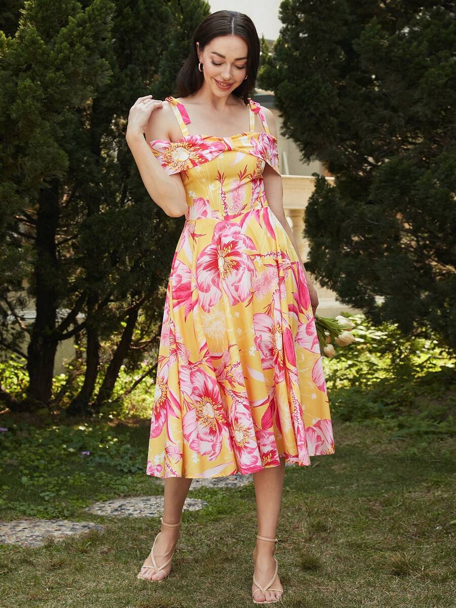 Missord Vestido con estampado floral de hombro con nudo de hombros descubiertos - Rojo - Ver 1