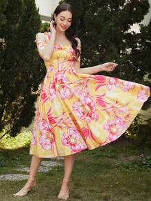 Missord Vestido con estampado floral de hombro con nudo de hombros descubiertos - Rojo - Ver 3