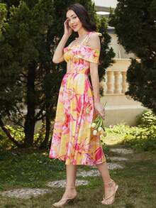 Missord Vestido con estampado floral de hombro con nudo de hombros descubiertos - Rojo - Ver 4