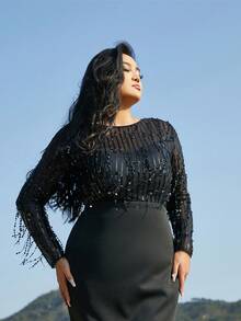 seomiscky Plus Contrast Sequin Fringe Trim Split Back Dress - Black - View 7