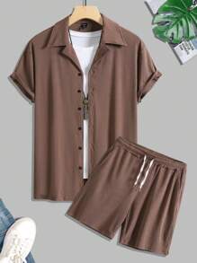 Manfinity Homme Men Solid Shirt & Drawstring Waist Shorts - Brown - View 3