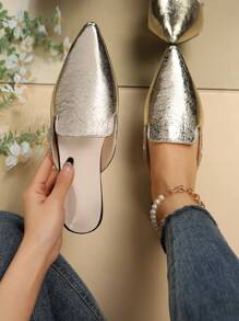 Women Metallic Point Toe Flat Mules, Glamorous Outdoor Flats - Gold - View 1