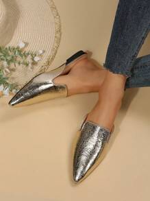 Women Metallic Point Toe Flat Mules, Glamorous Outdoor Flats - Gold - View 2