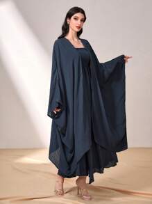 Al Najma Bộ đồ hai mảnh nữ Dải chun màu trơn Thanh lịch - Màu xanh hải quân - Xem 4