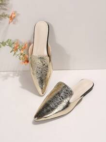 Women Metallic Point Toe Flat Mules, Glamorous Outdoor Flats - Gold - View 5