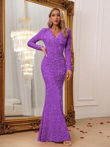 Elegant Party Mermaid Sequin Dress - Purple - View 6