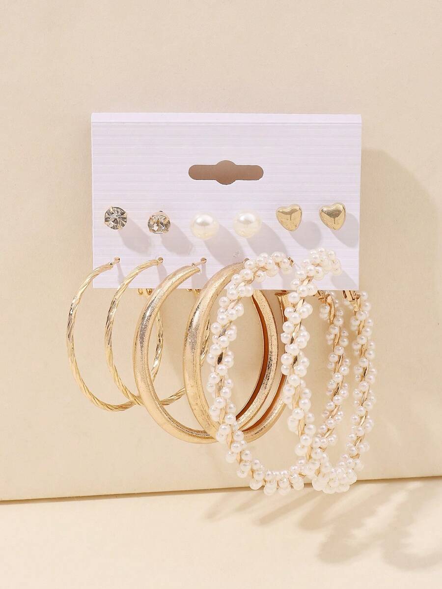 6對人造珍珠裝飾耳環 - 彩色 - 查看 1