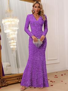 Elegant Party Mermaid Sequin Dress - Purple - View 4