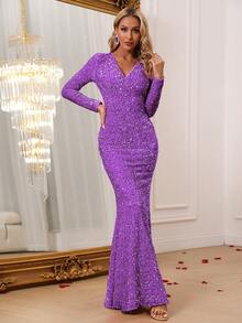 Elegant Party Mermaid Sequin Dress - Purple - View 1