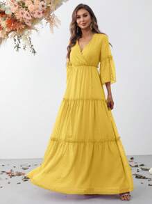 Swiss Dot Flounce Sleeve Ruffle Hem Dress - Yellow - View 4