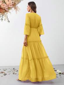 Swiss Dot Flounce Sleeve Ruffle Hem Dress - Yellow - View 2