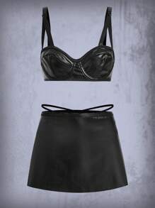 3件PU皮革內衣套裝附裙子 - 黑色 - 查看 1