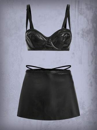 3pack PU Lingerie Set With Skirt