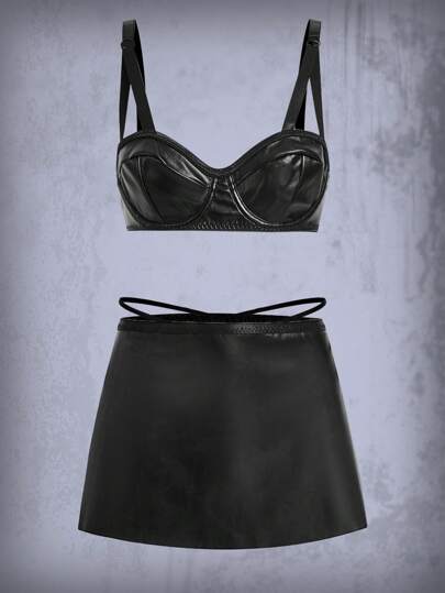 3 piezas Set de lencería PU con falda