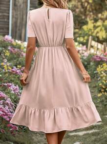 SHEIN VCAY Guipure Lace Insert Ruffle Hem Dress - Baby Pink - View 2