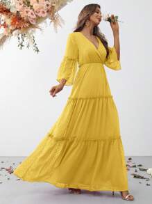 Swiss Dot Flounce Sleeve Ruffle Hem Dress - Yellow - View 1