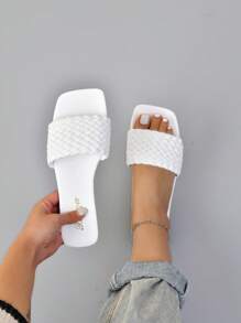 女士極簡編織細節度假夏天平底涼鞋 - 白色 - 查看 1