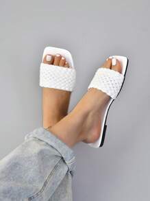 女士極簡編織細節度假夏天平底涼鞋 - 白色 - 查看 2