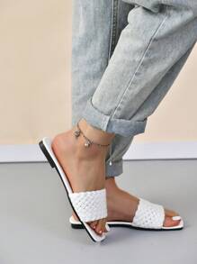 女士極簡編織細節度假夏天平底涼鞋 - 白色 - 查看 6