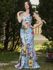 Missord 印花肩上打結魚尾裙下擺吊帶連衣裙 - 藍色 - 查看 6